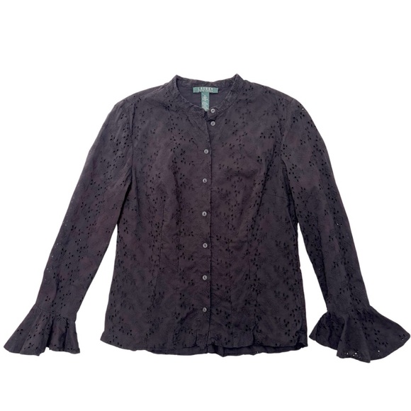 Lauren Ralph Lauren Eyelet Button Up Blouse Black Size 8 Ruffle Floral Classic - Picture 1 of 10